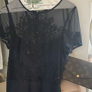 Adrianna Pappel Dress Navy Blue Long with a slit top part has beads and sequins